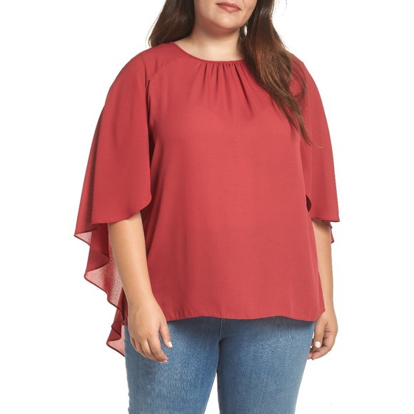 NWT Womens Plus Size 1X or 2X Vince Camuto Chiffon Chestnut Red Cape Blouse Top - Picture 1 of 5
